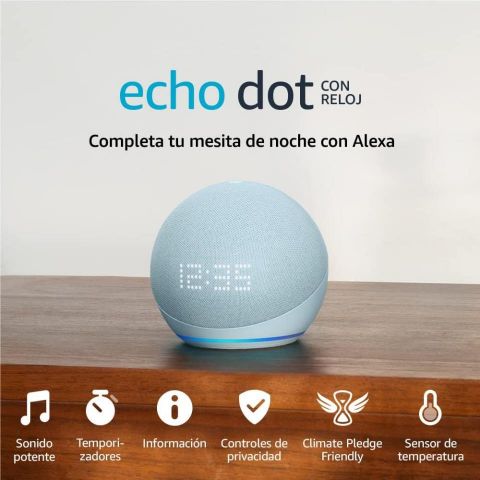 Parlante inteligente Amazon Echo Dot (5.ª generación, modelo de 2022) con reloj y Alexa | Azul Nube