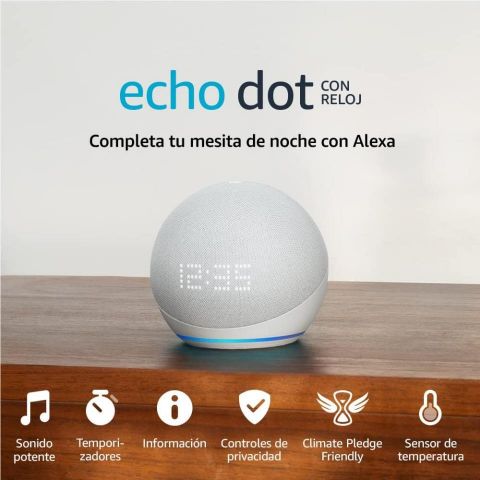 Parlante inteligente Amazon Echo Dot (5.ª generación, modelo de 2022) con reloj y Alexa | Blanco glaciar