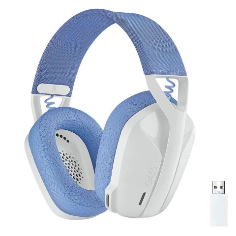 Audífonos Logitech G435 LIGHTSPEED y Bluetooth. Blanco y lila.